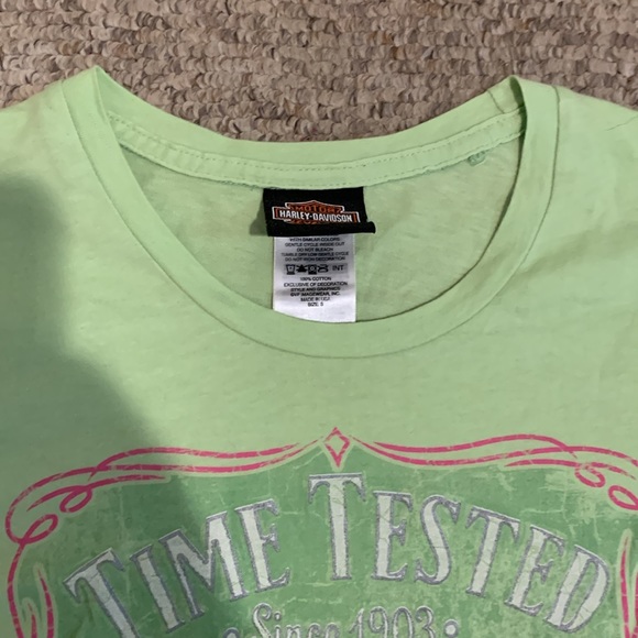 Vtg Harley Davidson mint green pink writing sexy tee shirt sz XS - Picture 2 of 4